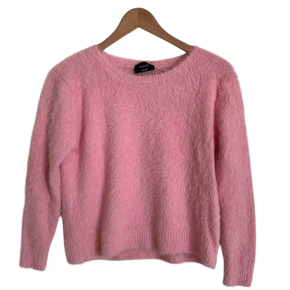Vivi Womens‎ Eyelash Fuzzy Crop Sweater Pink Size M Long Sleeve Barbie
